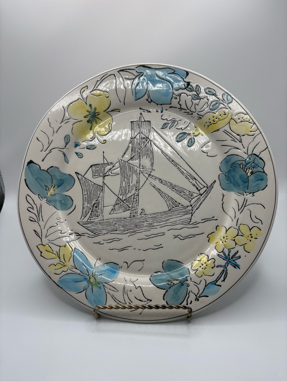 Anthropologie PINTA Dinner Plate, Molly Hatch, Ship, Blue Floral Nautical